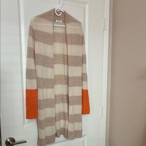 Kinross Cashmere Beige Tan and Orange Striped Long Cardigan Size L